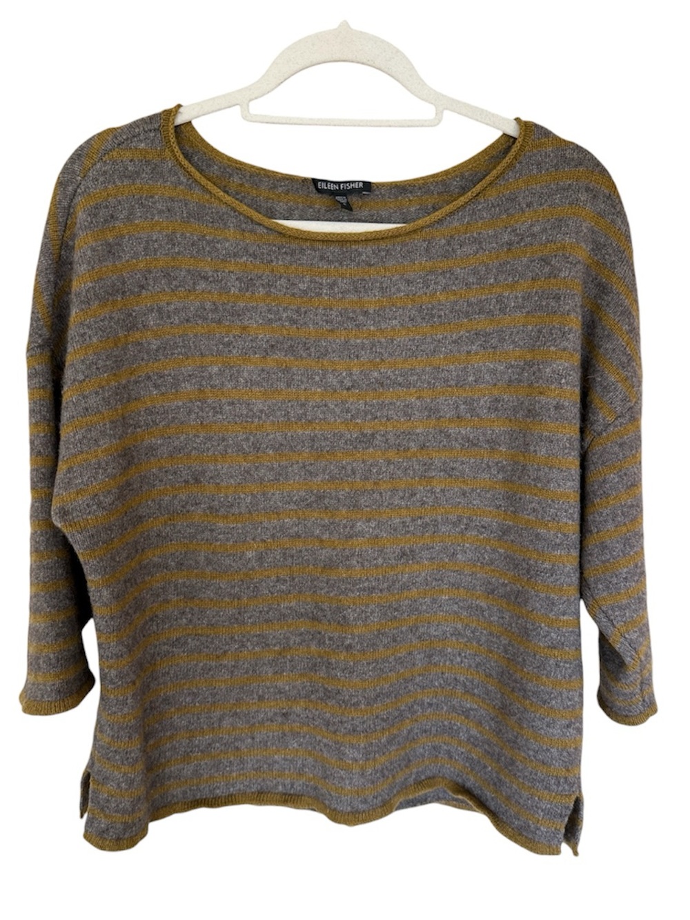 Eileen Fisher Gray and Mustard Striped Wool Boatneck Sweater Large